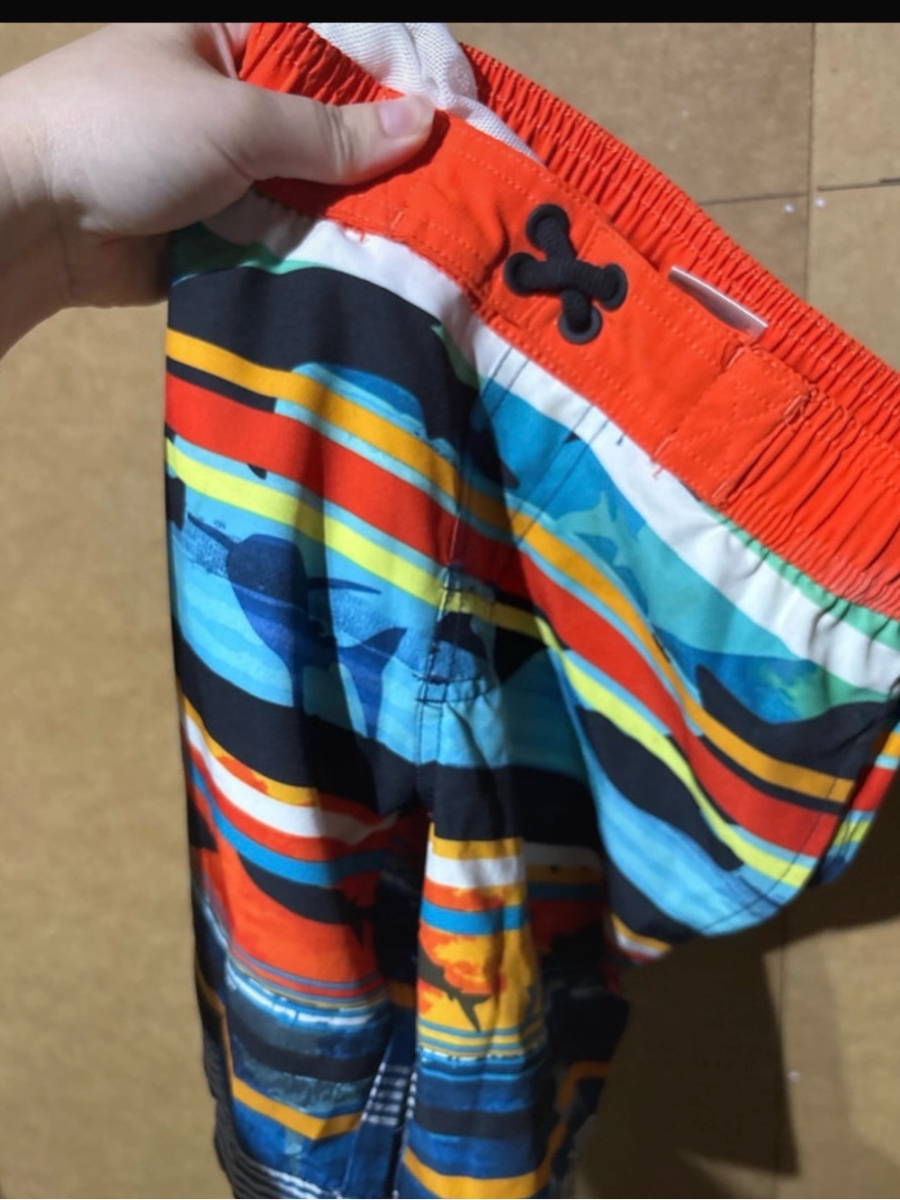 Kids Orange & Multicolor Striped Swim Trunks